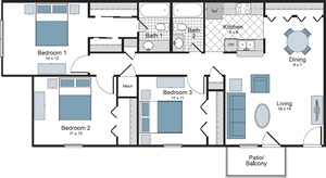 Three Bedroom / Two Bath - 1,153 Sq.Ft.*